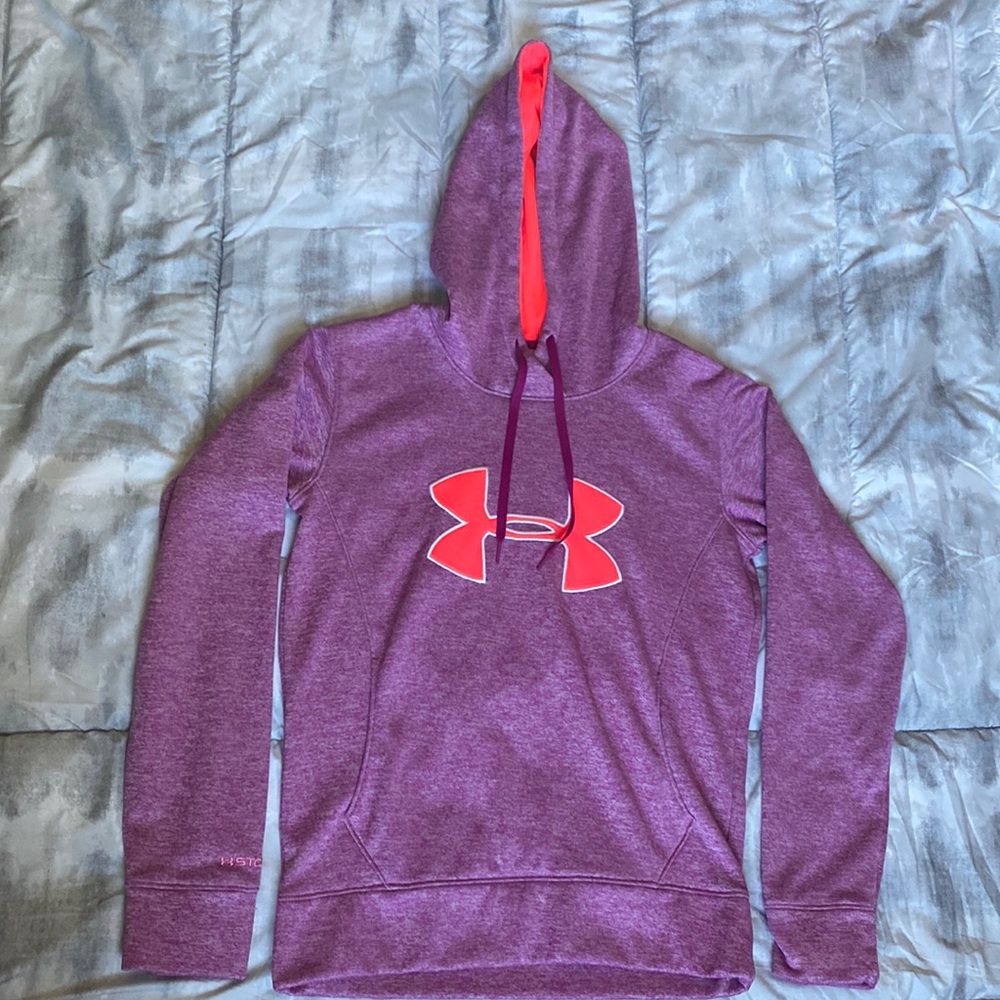 Purple and pinkish orange under armor hoodie, size women’s small